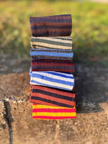 Calzettone donna caldo cotone righe marrone/blu