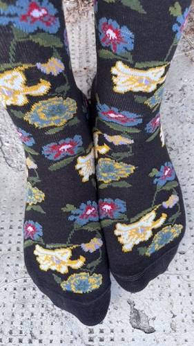 Calzettone Donna Caldo cotone Flowers Nero
