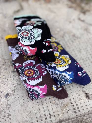 Calzino Donna caldo cotone Flowers nero