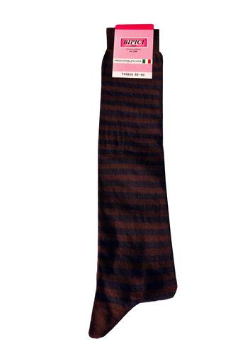 Calzettone donna caldo cotone righe bordeaux/blu